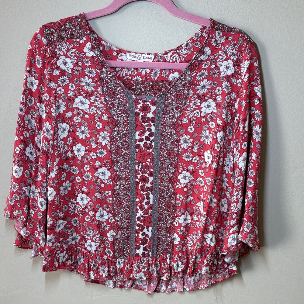 Rose & Thyme Red Floral Blouse, Medium
